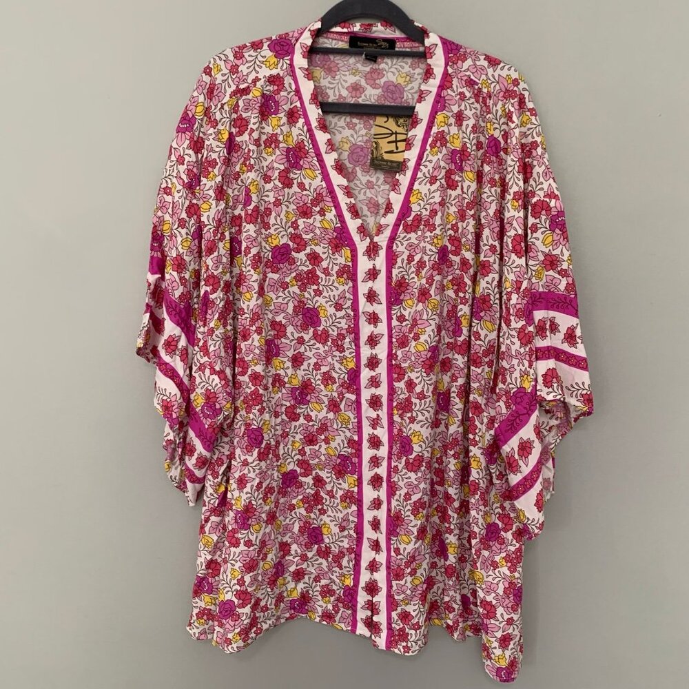 NEW Suzanne Betro Kimono Top Women 4X Pink Floral V-Neck Border‎ Print